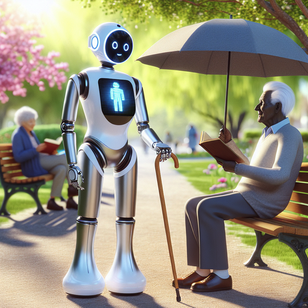 Das Bild zeigt einen KI-Roboter, der einem Senior hilft.